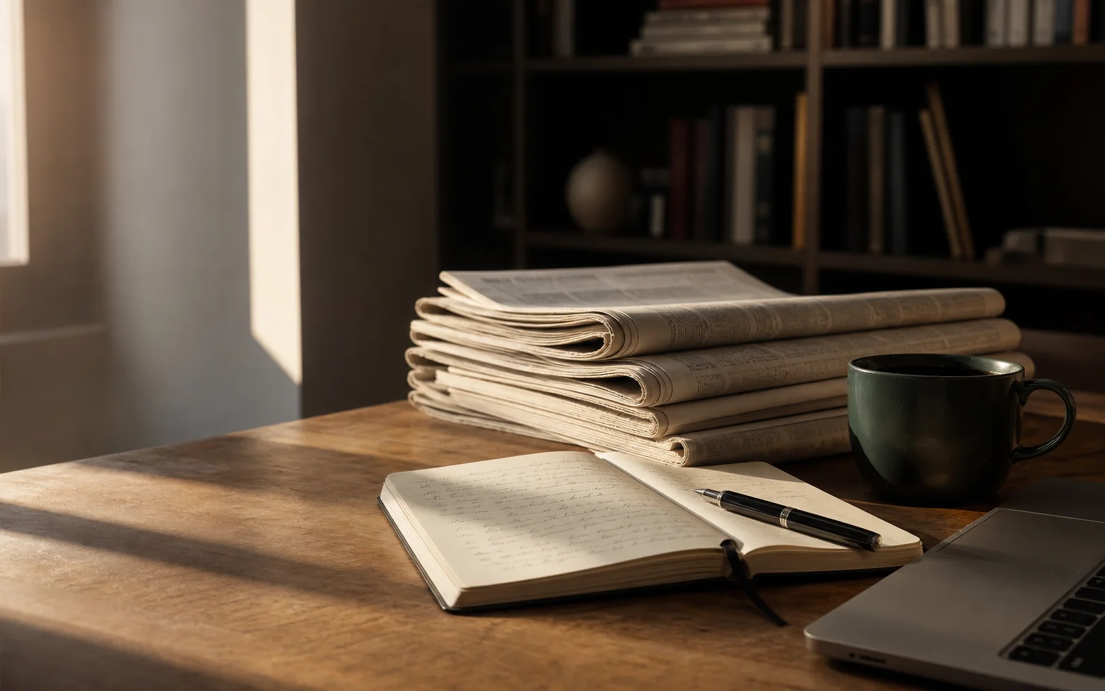 A desk with newspapers, a notebook and a coffee cup